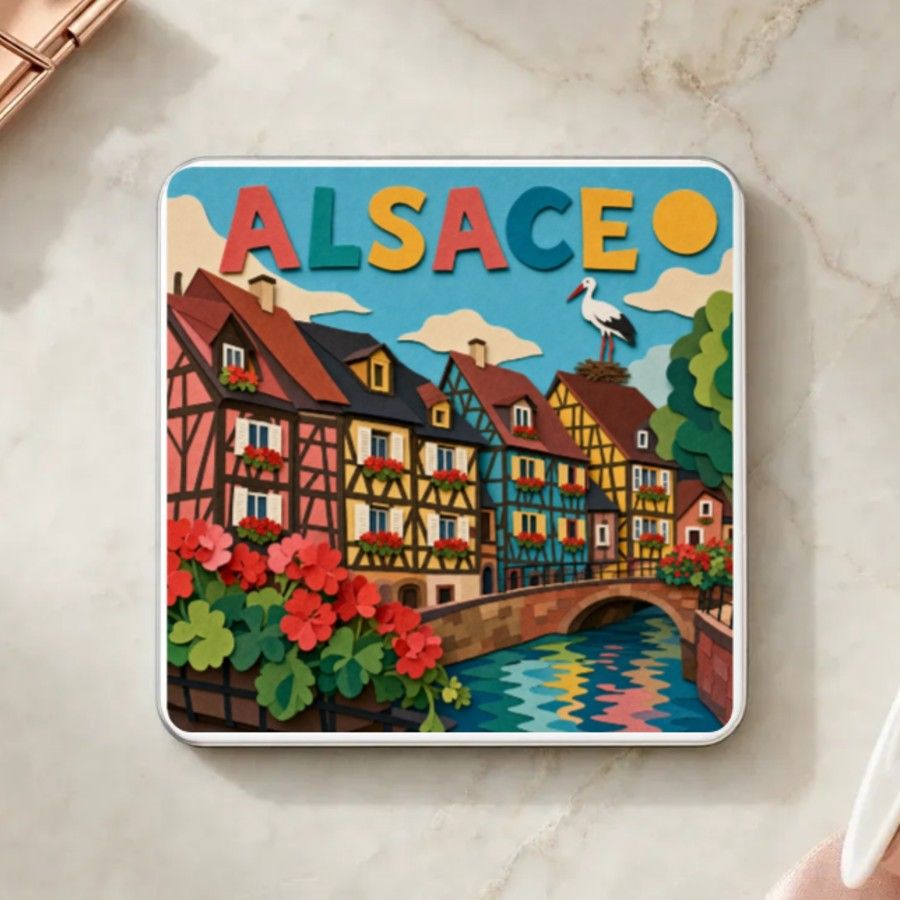 Magnet souvenir d’Alsace en papier découpé : maisons à colombages et géraniums le long du canal, cigogne sur le toit