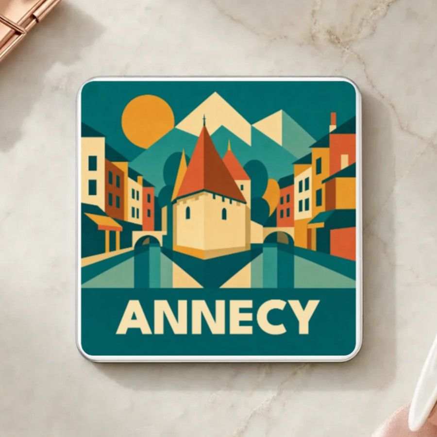 Magnet souvenir d’Annecy en style géométrique années 50 : le palais de l’Isle, les façades colorées du canal du Thiou et les montagnes, nom en grandes capitales