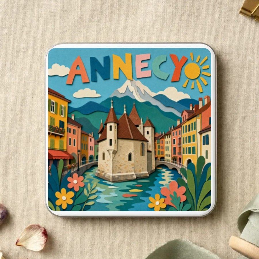 Magnet souvenir d’Annecy en papier découpé : le palais de l’Isle sur le canal, les façades de la vieille ville, fleurs et montagnes