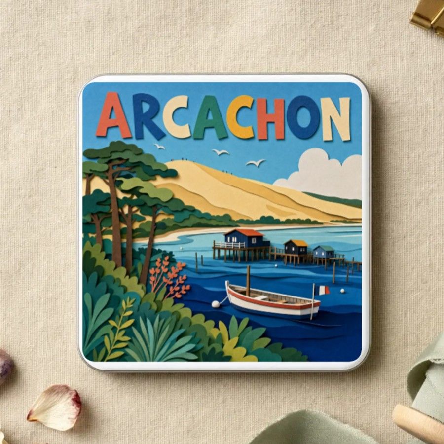Magnet souvenir d’Arcachon en papier découpé : la dune du Pilat, les cabanes sur pilotis du bassin, une pinasse et les pins maritimes