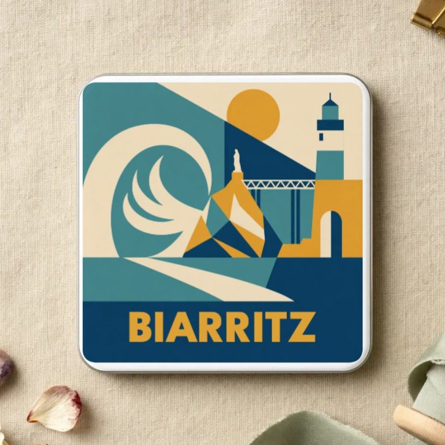 Magnet souvenir de Biarritz en style géométrique années 50 : une grande vague, le rocher de la Vierge et sa passerelle, le phare, nom en grandes capitales