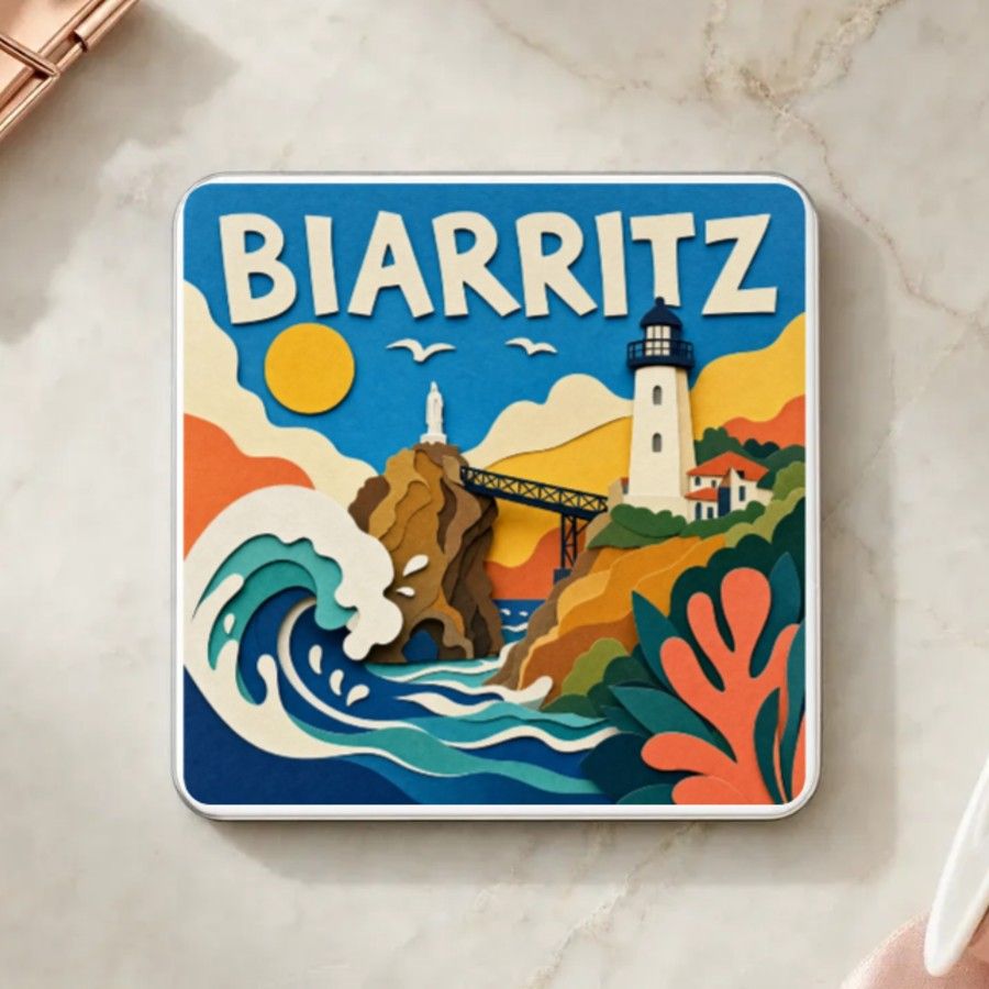 Magnet souvenir de Biarritz en papier découpé : vague déferlante, rocher de la Vierge, passerelle et phare sur la falaise