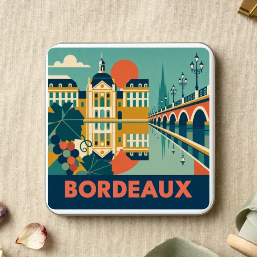 Magnet souvenir de Bordeaux en style géométrique années 50 : la place de la Bourse et son miroir d’eau, le pont de pierre et une grappe de raisin, nom en grandes capitales