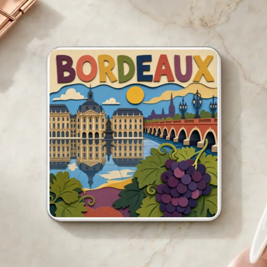 Magnet souvenir de Bordeaux en papier découpé : la place de la Bourse reflétée dans le miroir d’eau, le pont de pierre et des grappes de raisin