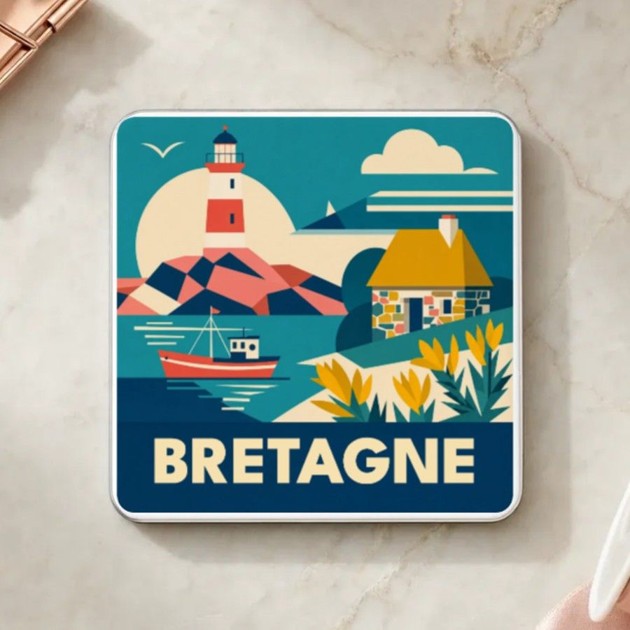Magnet souvenir de Bretagne en style géométrique années 50 : phare rouge et blanc, chaumière de pierre, bateau de pêche et genêts, nom en grandes capitales