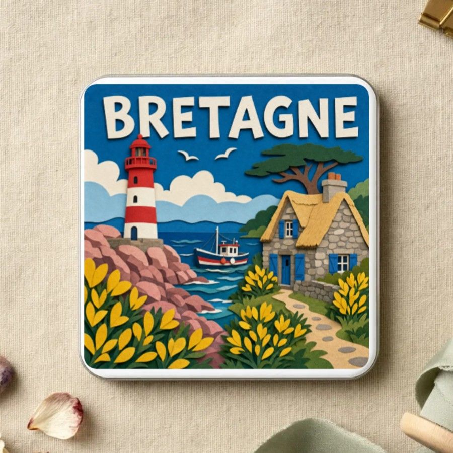 Magnet souvenir de Bretagne en papier découpé : phare, chaumière, rochers roses, bateau de pêche et ajoncs en fleur