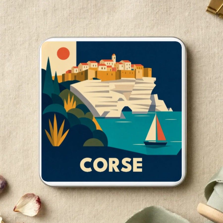 Magnet souvenir de Corse en style géométrique années 50 : la citadelle de Bonifacio sur ses falaises blanches, maquis et voilier, nom en grandes capitales