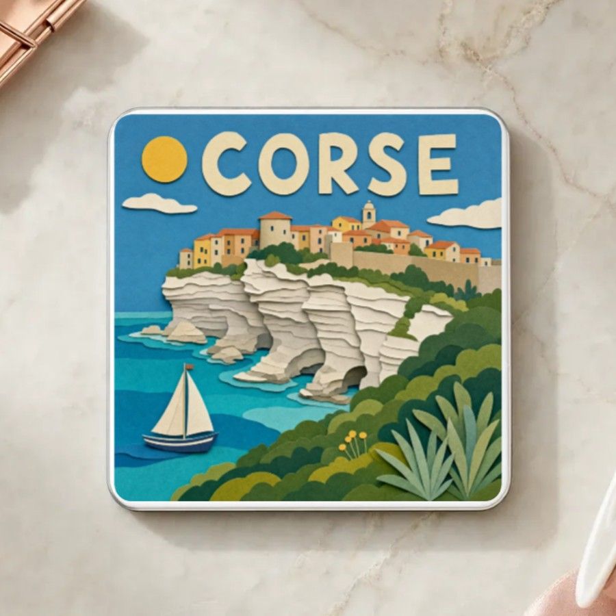 Magnet souvenir de Corse en papier découpé : Bonifacio perché sur ses falaises calcaires, mer turquoise, voilier et maquis