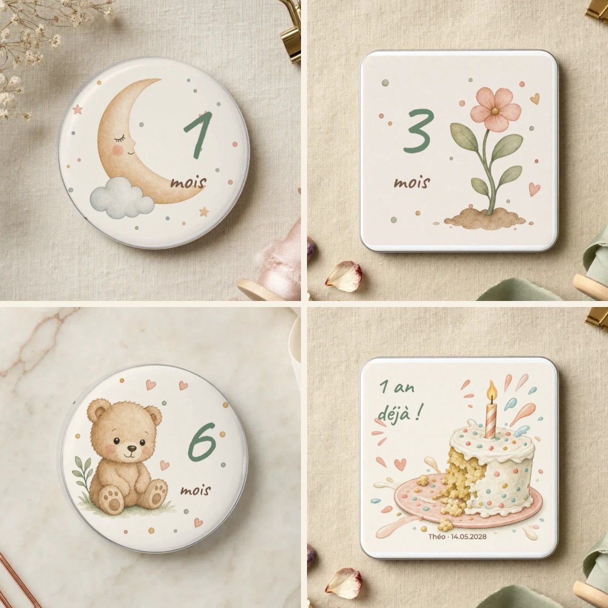 Quatre magnets étapes de bébé en métal : lune « 1 mois », fleur « 3 mois », ourson « 6 mois » et gâteau « 1 an déjà ! »