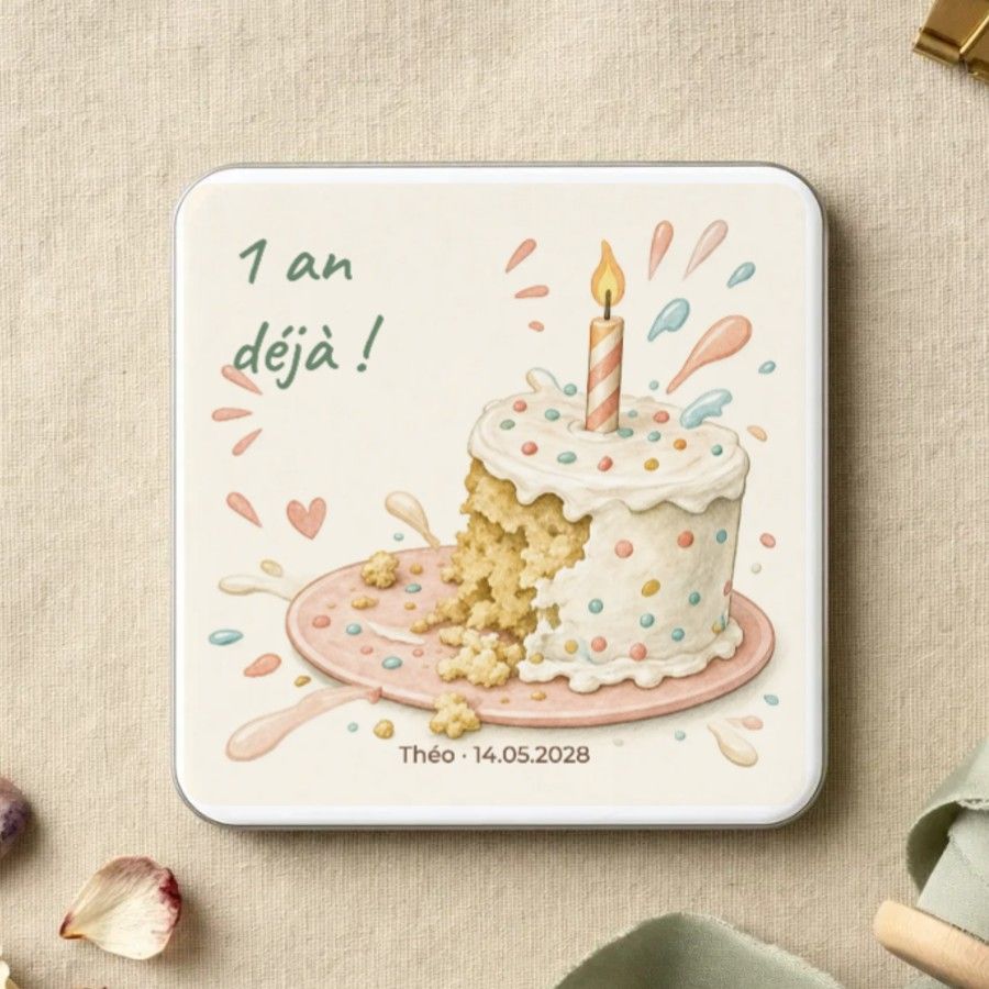 Magnet carré illustré : un gâteau d’anniversaire entamé avec une bougie, éclaboussures de glaçage
