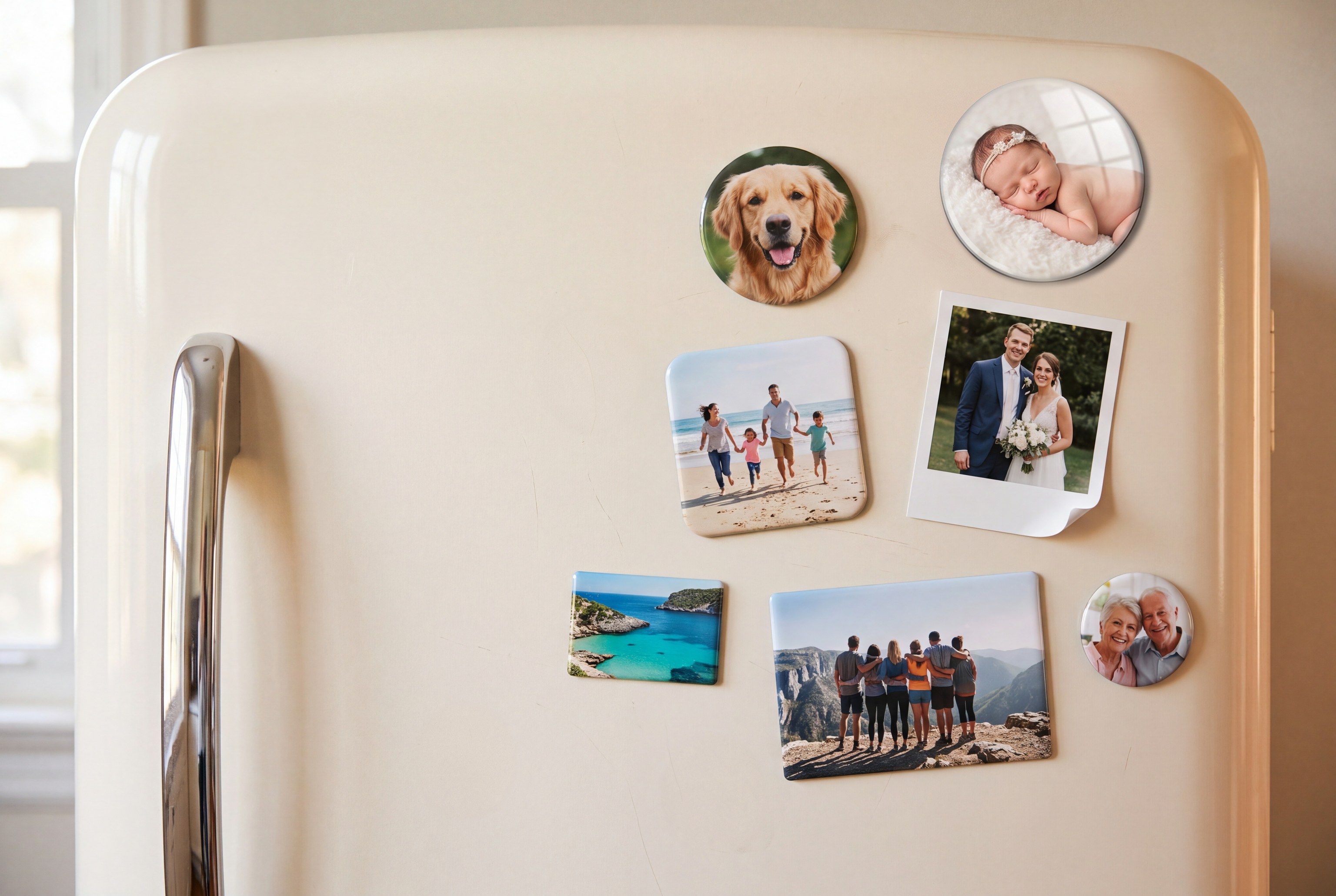 Porte de réfrigérateur vintage crème avec sept magnets photo personnalisés : chien, famille à la plage, nouveau-né sur un magnet rond, mariés en polaroid, crique, amis en montagne, grands-parents