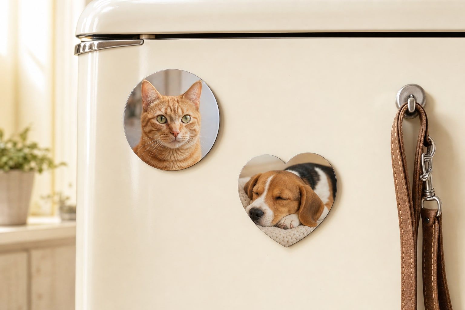 Magnet rond avec le portrait d'un chat roux et magnet cœur avec un chien endormi