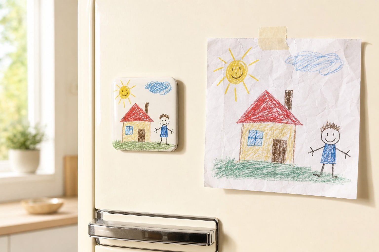 Magnet carré reproduisant un dessin d'enfant aux crayons, à côté du dessin original