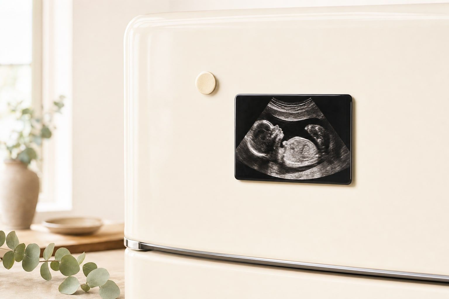 Magnet rectangulaire montrant une image d'échographie sur une porte de réfrigérateur crème