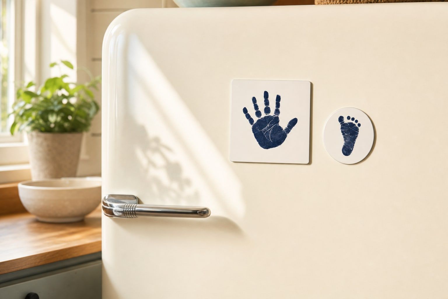 Magnet carré montrant l'empreinte à l'encre d'une main de bébé