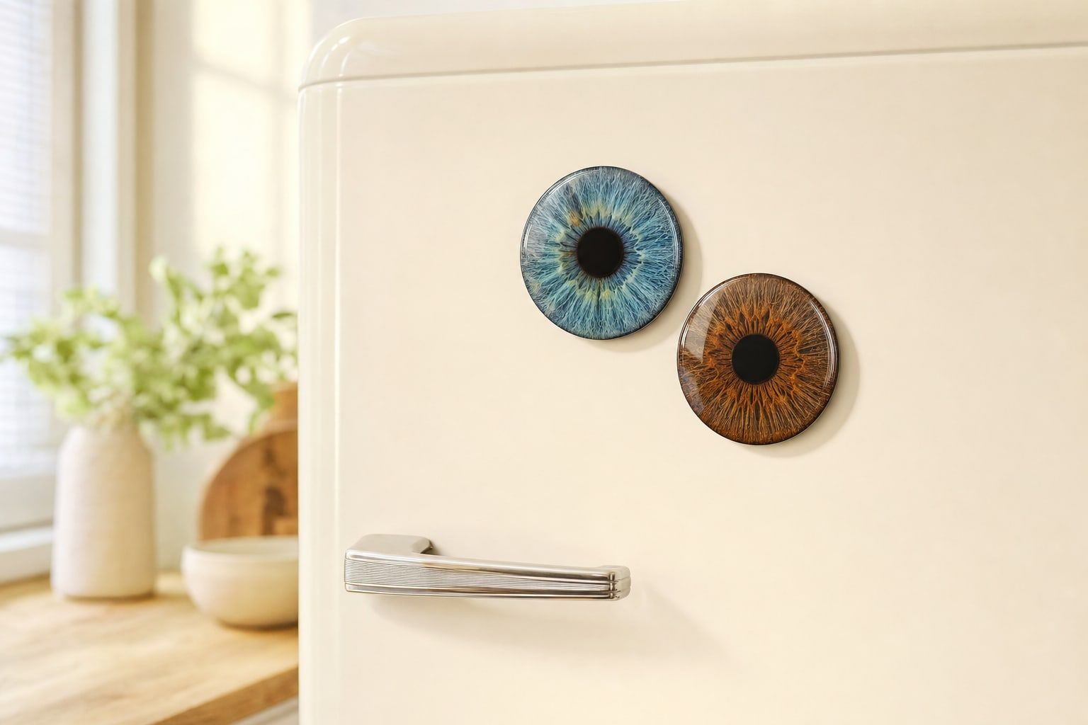 Magnets ronds montrant des macrophotographies d'iris bleu et brun