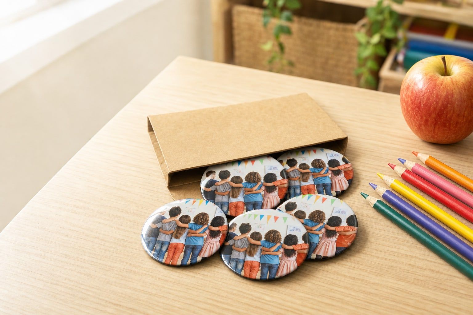 Pochette kraft contenant des magnets ronds avec une photo de classe, sur un bureau d'école