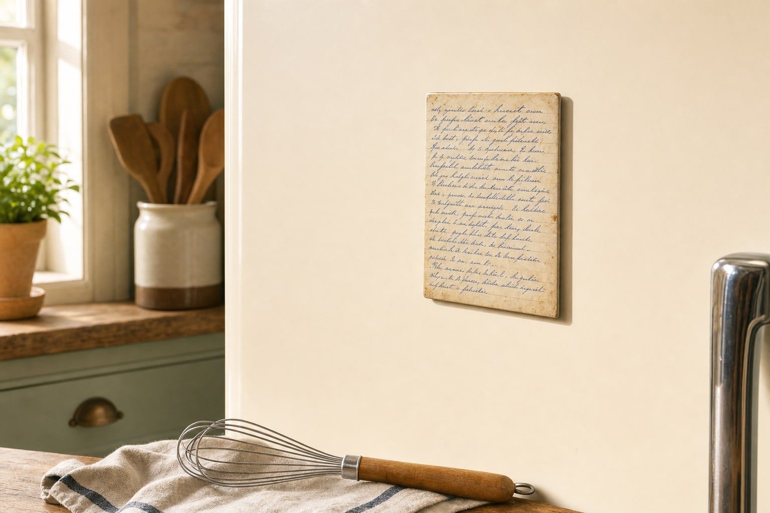 Magnet rectangulaire reproduisant une fiche de recette manuscrite ancienne