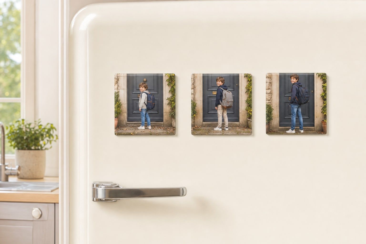 Trois magnets carrés montrant le même enfant devant la même porte à trois rentrées différentes