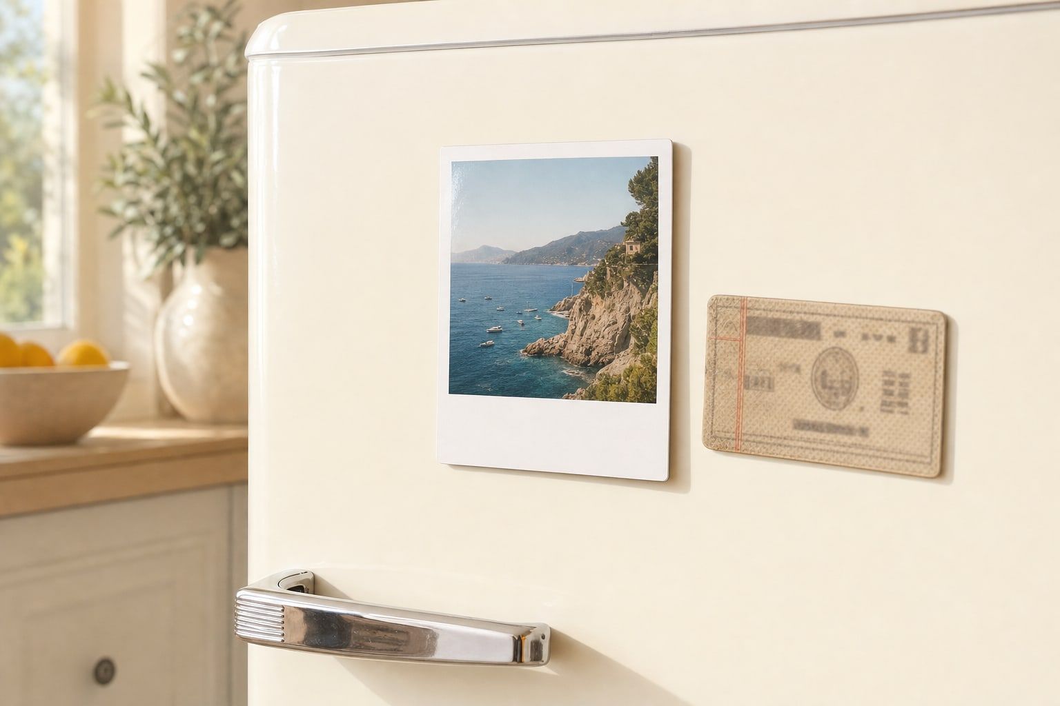 Magnet polaroid avec une photo de côte et magnet reproduisant un ancien ticket de train