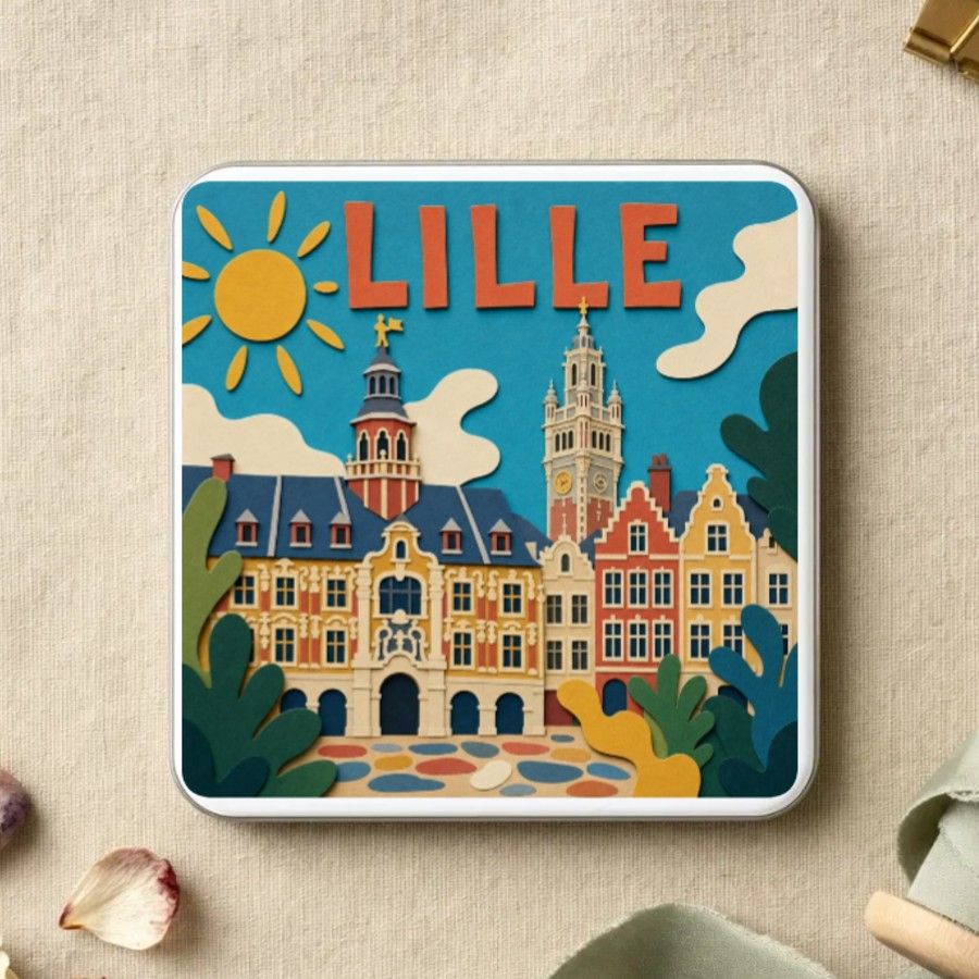 Magnet souvenir de Lille en papier découpé : la Grand’Place, la Vieille Bourse, le beffroi et les pignons flamands