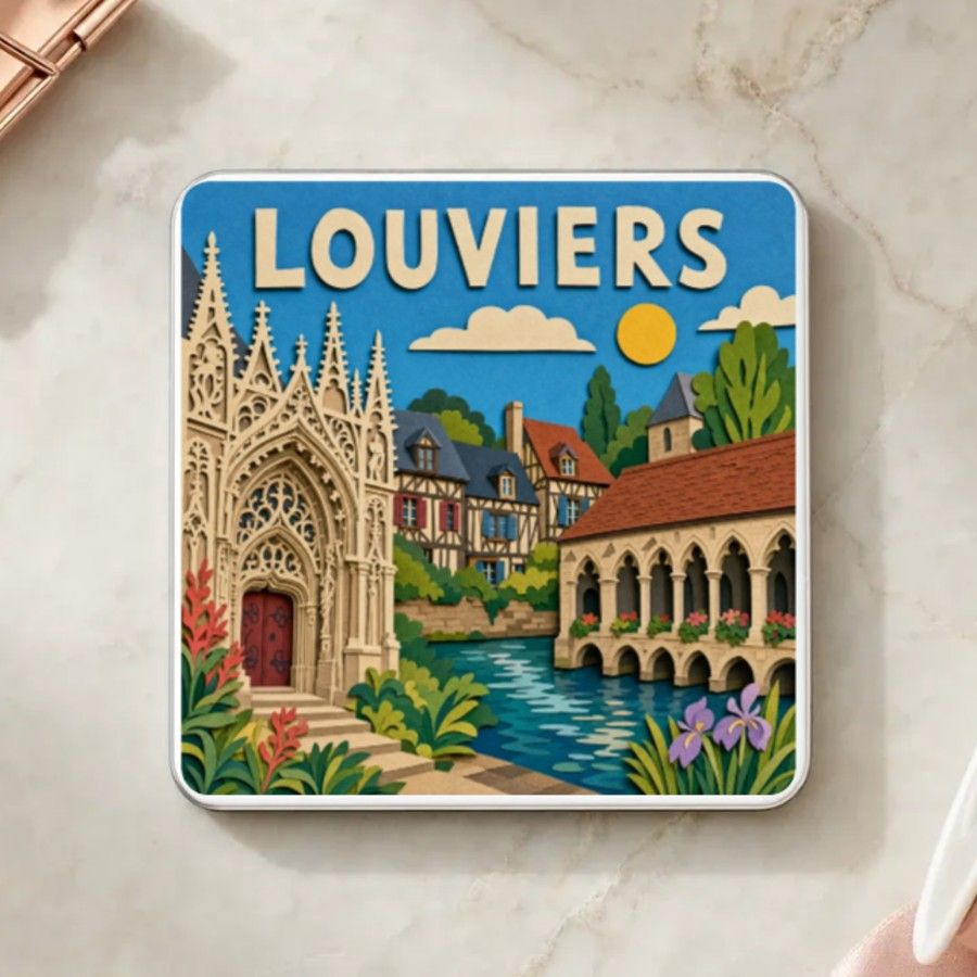 Magnet souvenir de Louviers en papier découpé : le portail gothique de Notre-Dame, les maisons normandes et le cloître au bord de l’eau, nom découpé en lettres de papier