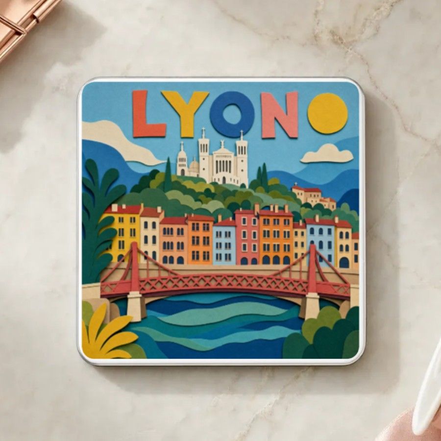 Magnet souvenir de Lyon en papier découpé : Fourvière sur sa colline, les façades colorées des quais et la passerelle rouge sur la Saône