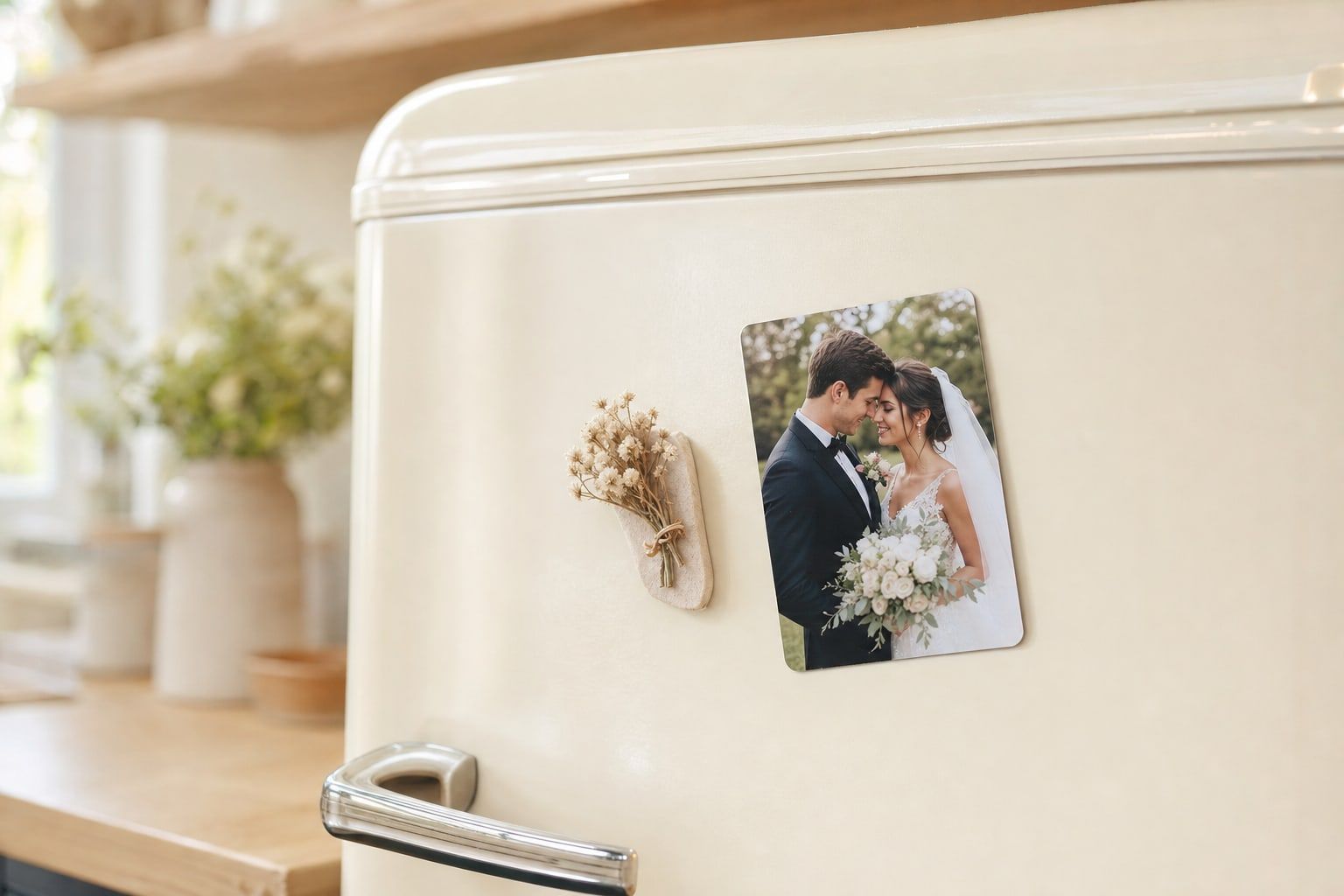 Magnet photo de mariés aimanté sur une porte de réfrigérateur crème, dans une cuisine lumineuse