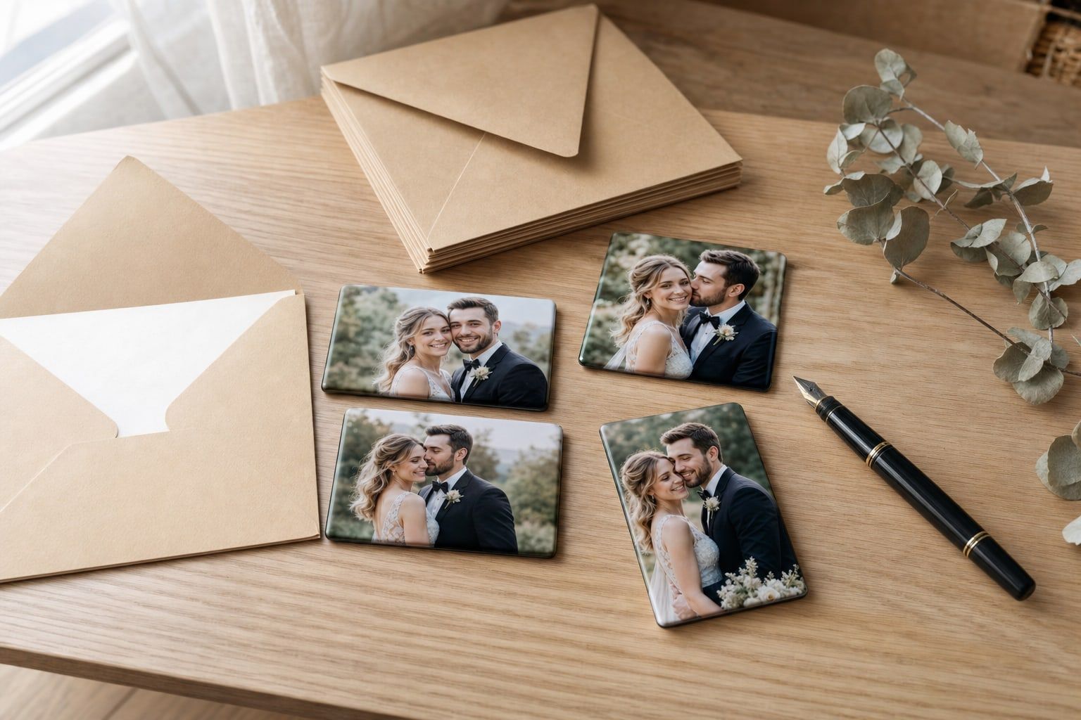 Magnets photo rectangulaires montrant les mariés, posés sur une table avec des enveloppes kraft, un stylo plume et une branche d'eucalyptus séché