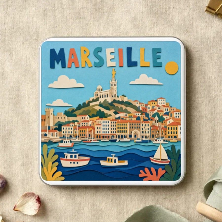 Magnet souvenir de Marseille en papier découpé : la Bonne Mère au-dessus du Vieux-Port, bateaux et vagues de papier