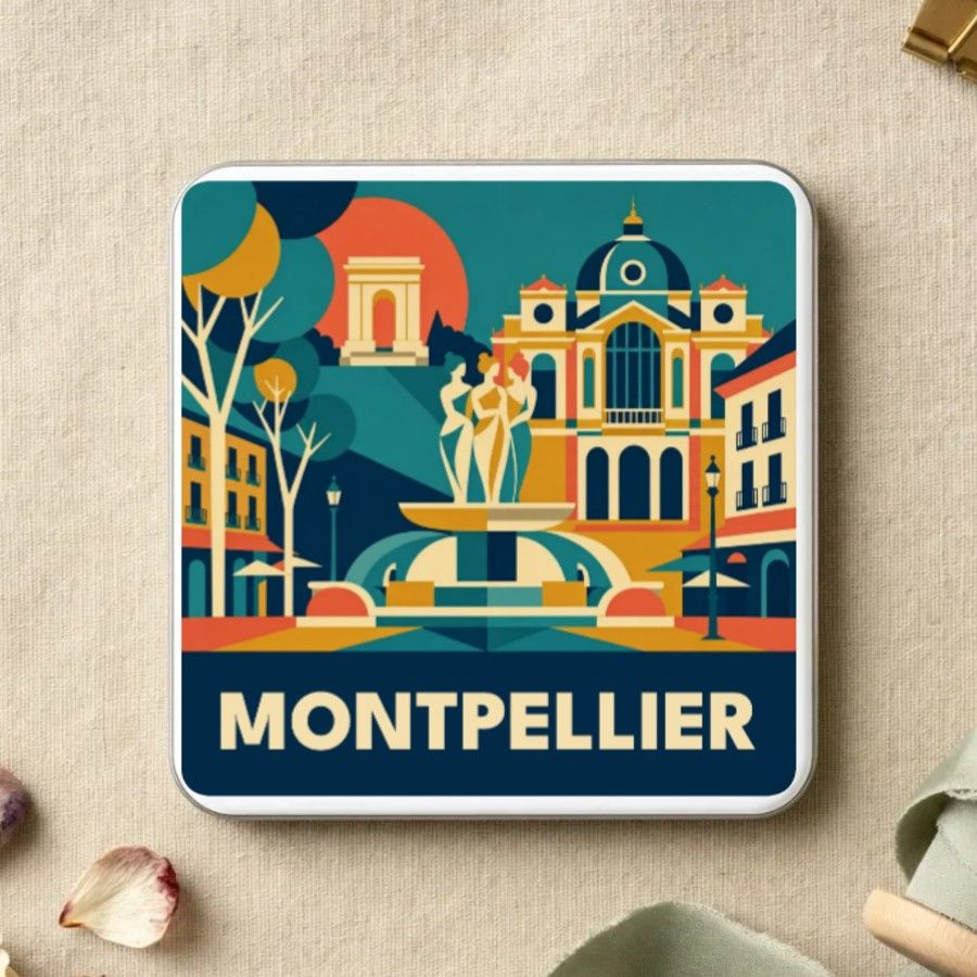 Magnet souvenir de Montpellier en style géométrique années 50 : la fontaine des Trois Grâces devant l’opéra Comédie et l’arc de triomphe, nom en grandes capitales