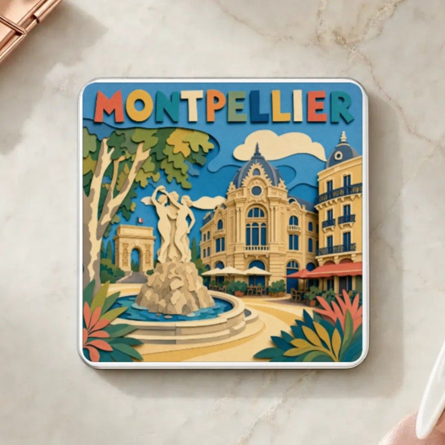 Magnet souvenir de Montpellier en papier découpé : la fontaine des Trois Grâces, l’opéra Comédie, l’arc de triomphe et les platanes