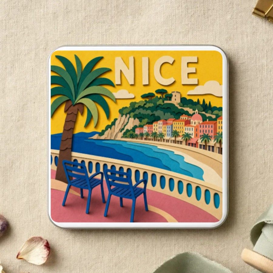 Magnet souvenir de Nice en papier découpé : palmier, baie des Anges, façades colorées et chaises bleues de la Promenade