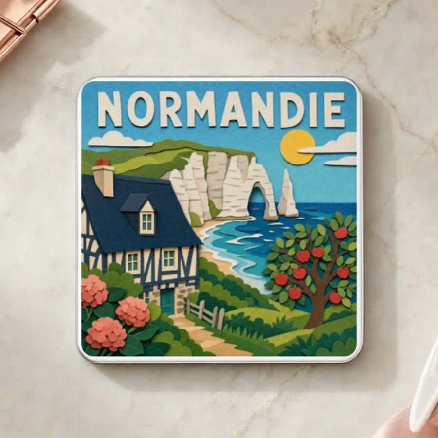 Magnet souvenir de Normandie en papier découpé : les falaises d’Étretat, une chaumière à colombages et un pommier chargé de fruits