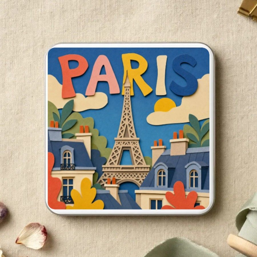 Magnet souvenir de Paris en papier découpé : la tour Eiffel entre les immeubles haussmanniens, nuages et soleil de papier, lettres colorées