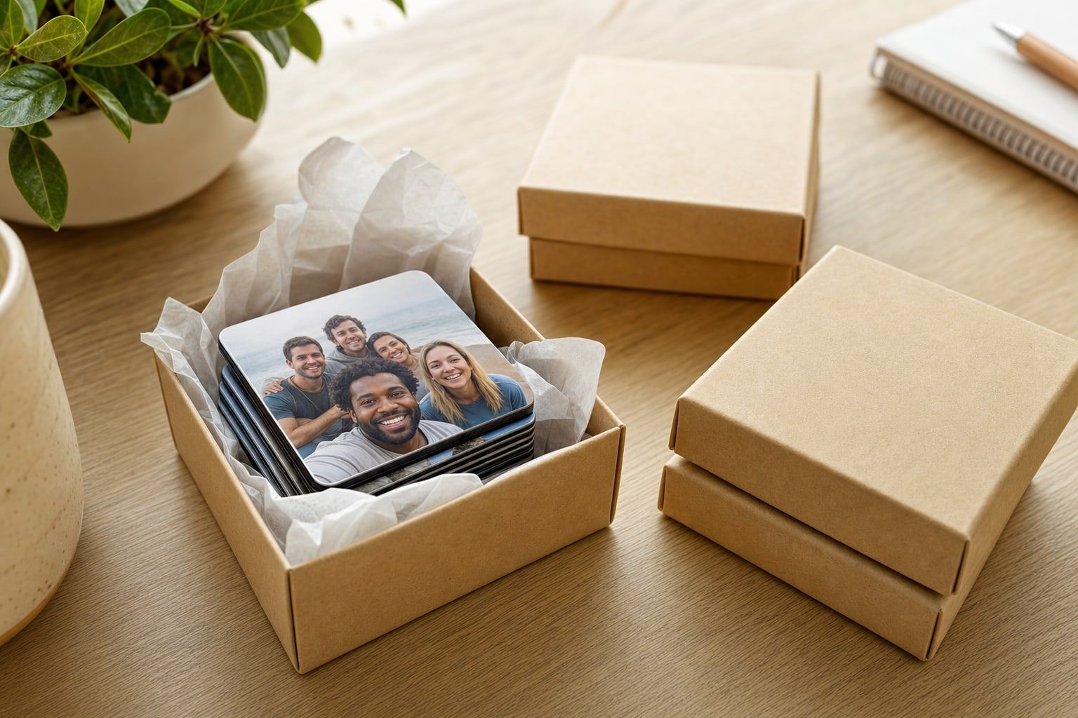 Pile de magnets photo carrés dans une boîte cadeau en kraft avec du papier de soie, sur une table de bureau, prête à être distribuée