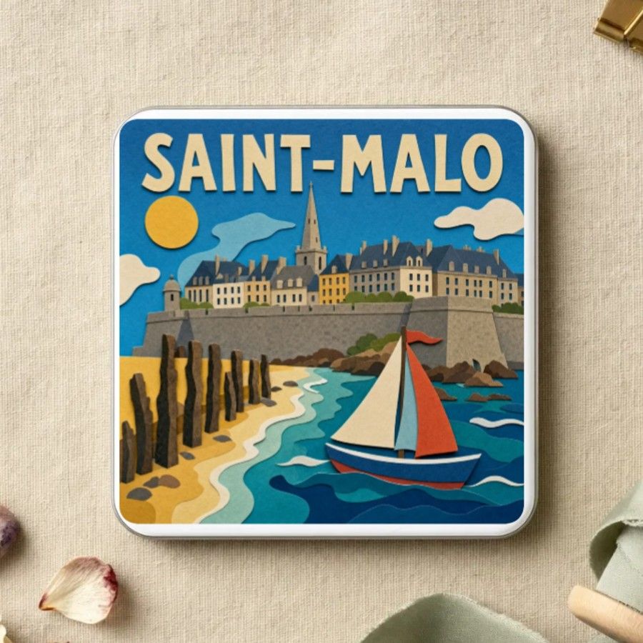 Magnet souvenir de Saint-Malo en papier découpé : la ville close derrière ses remparts, la plage, les brise-lames et un voilier