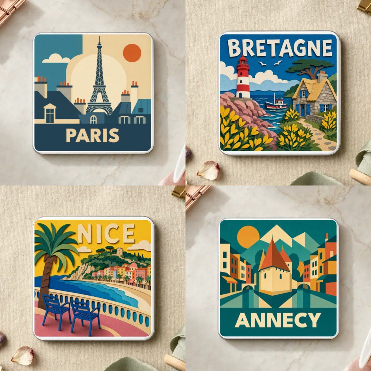 Quatre magnets souvenir en métal : Paris et Annecy en style géométrique années 50, Bretagne et Nice en papier découpé